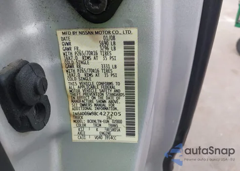 2008 Nissan Frontier Se z USA, uszkodzony, nr VIN 1N6AD06W98C427205